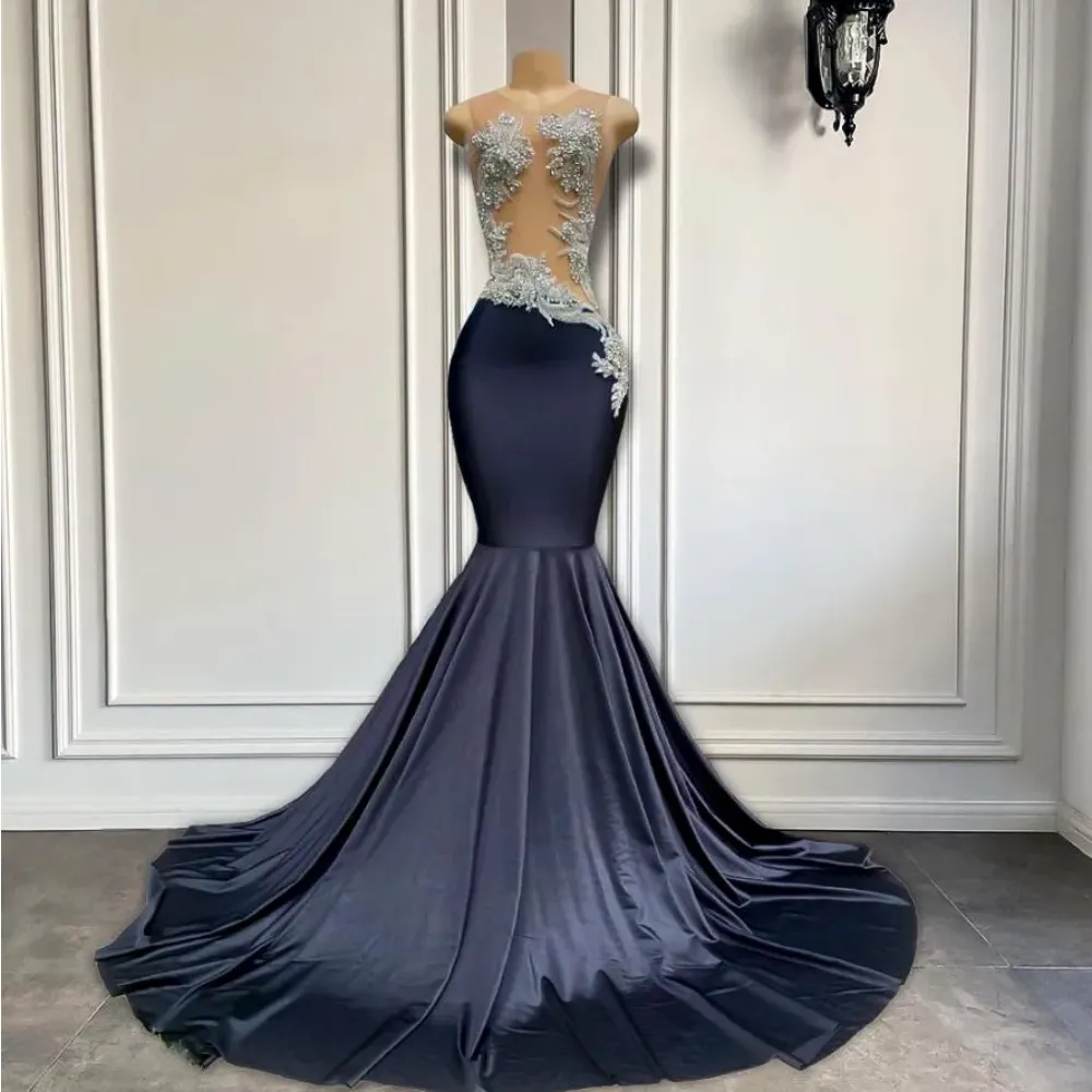 Nieuwe lange zwarte prom-jurken pure o-neck sprankelende luxe diamant kristallen spandex Afrikaanse meisjes zeemeermin prom party jurken gw0308