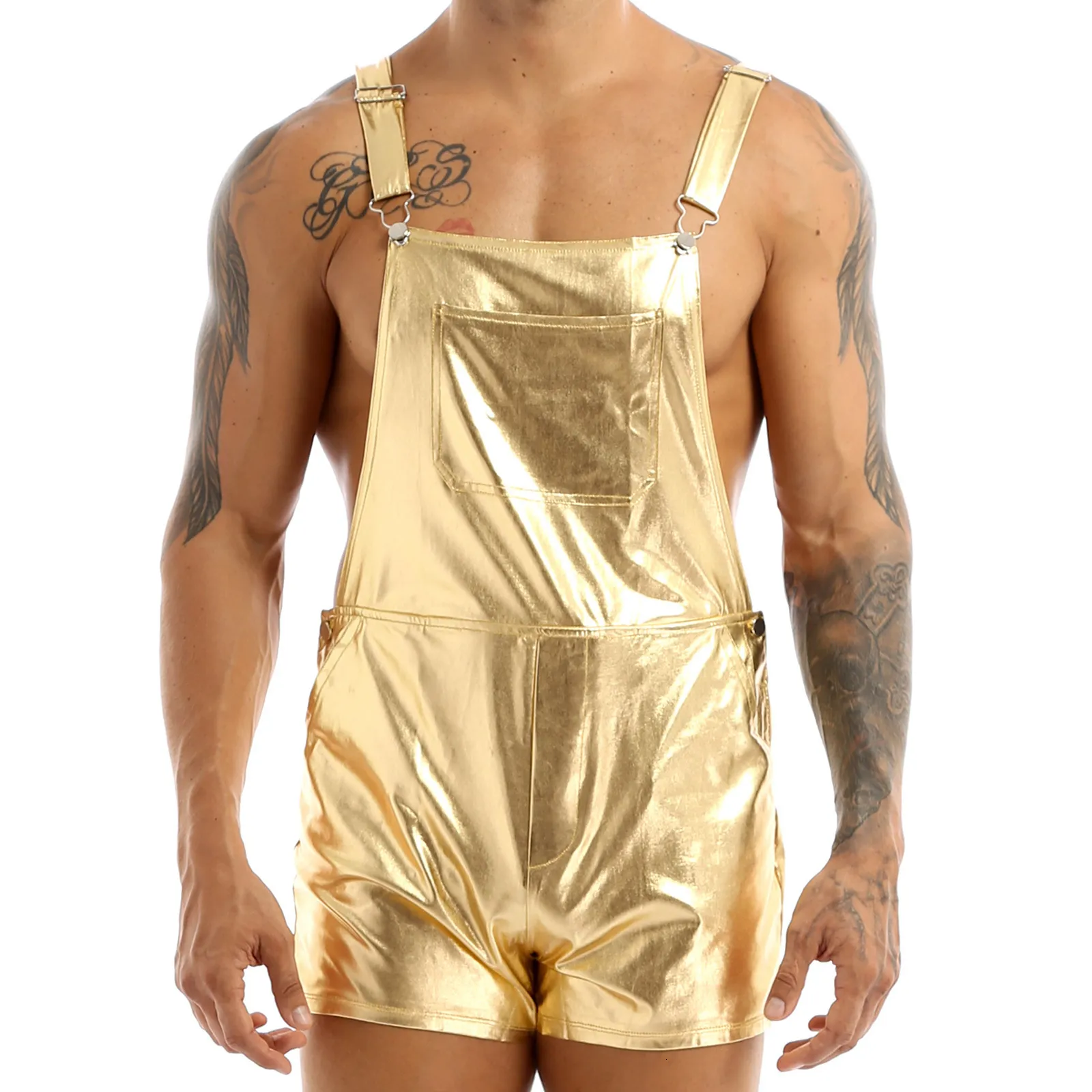 Men's Shorts MSemis Mens Fashion Shiny Metallic Bib Overall Suspender Short Prom Club Rave Festival Clothing Jazz Hip Hop Pole Dance Shorts 230317