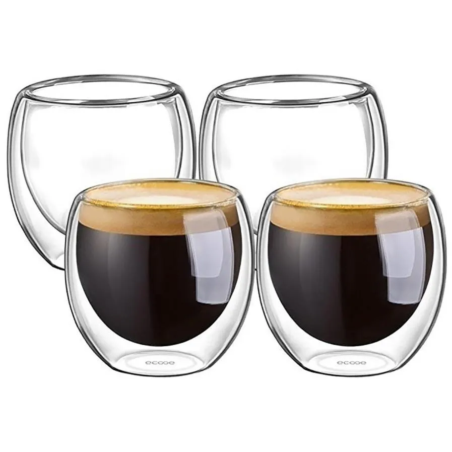 100% nouvelle marque Fashion 4pcs 80 ml Double mur isolée tasses à expresso Boire du thé latte tasses à café whisky tasse de verre