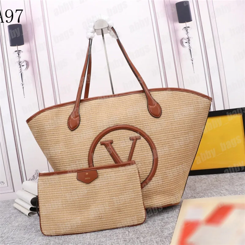 2 Pieces Petit Bucket Bag Women Designer Raffia Shopper Beach Bags Large Letter V Straw Shopping Handbags Designers Shoulder Bag Basket Bags