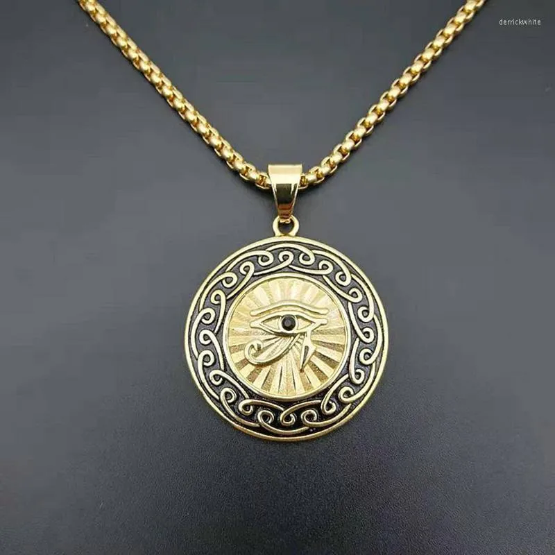 Pendant Necklaces Hip Hop Rock Round Stainless Steel Horus Eye Pendants For Men Rapper Jewelry Gold Color Drop