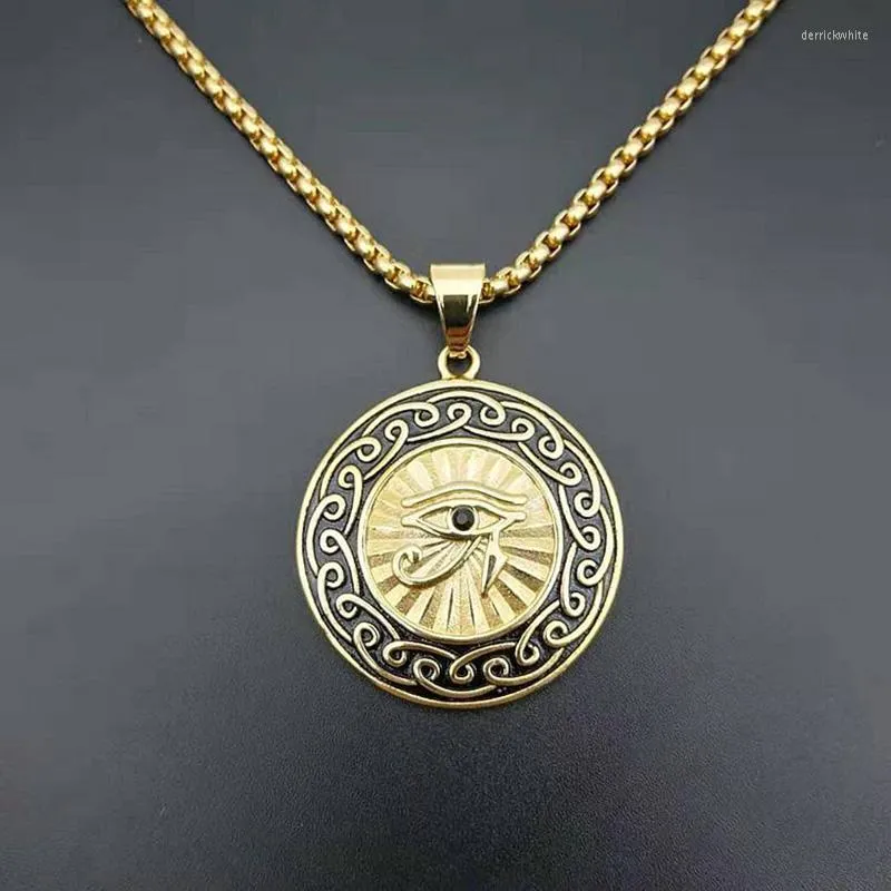 Collane con ciondolo Hip Hop Rock Rotondo in acciaio inossidabile Horus Eye Pendenti per uomo Rapper Gioielli Goccia color oro