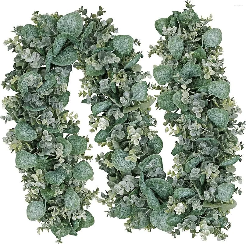 Guirlande de fleurs décoratives de 6 pieds de long, fausses feuilles d'eucalyptus mélangées, verdure artificielle en argent, vert gris