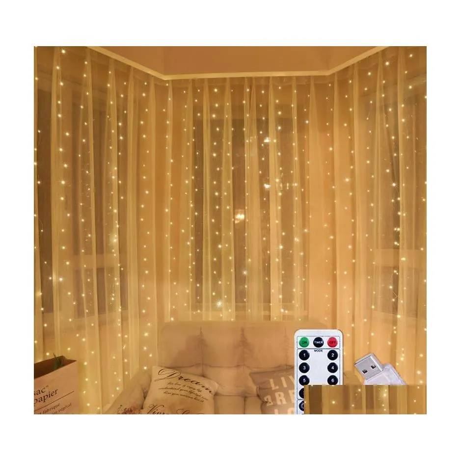 2016 LED cordes rideau chaîne fée lumières télécommande USB 5V cuivre décoration de noël pour la maison chambre fête de mariage vacances Lig Dhxmb