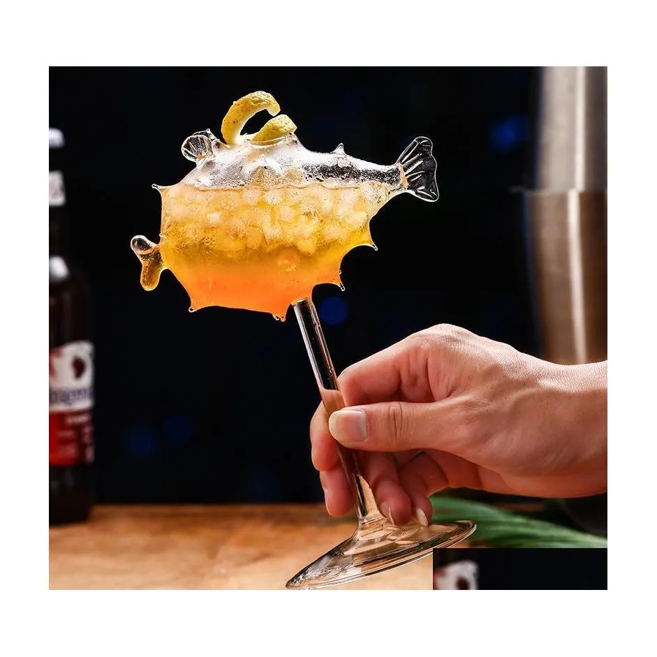 Verres à vin 200ml Creative Pufferfish Cocktail Verre Transparent Gobelet Coupe Avec St Molecar Smoke Bar Party Drinkware Drop Livraison Dhlxe