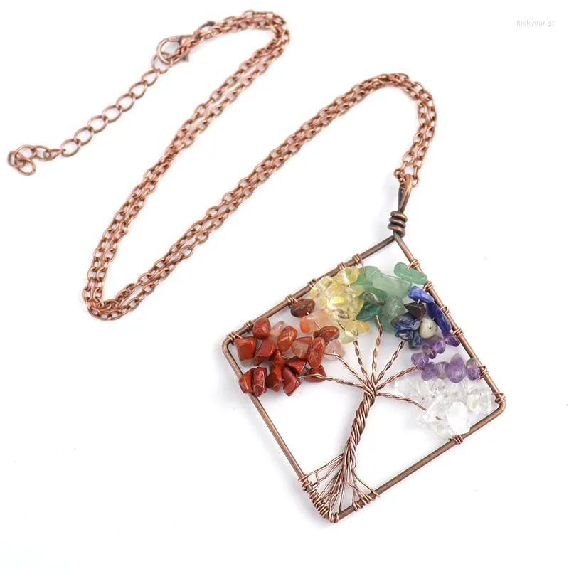 Chains Wholesale Fashion Bronze Hand-made Tree Of Life Pendant Square Seven Chakra Natural Crystal Necklace For Women N09