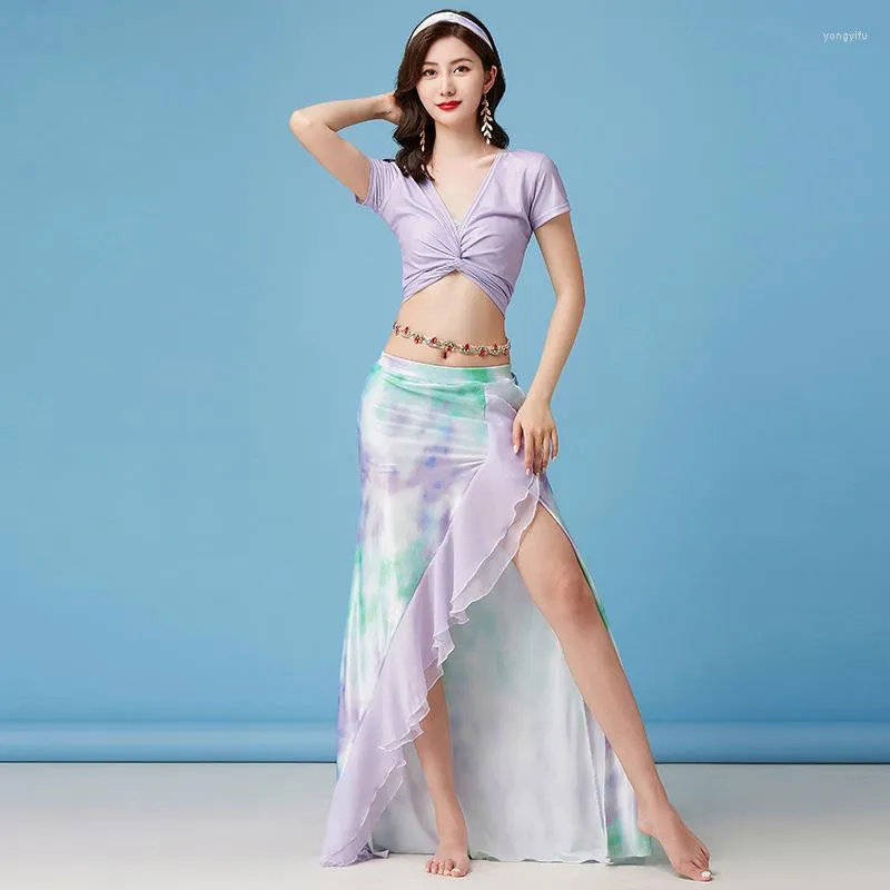 Stage Wear Women Dance Clothes Tie-dyed Belly Costume Set 2pcs Top And Skirt With Ruffle Gilrs Practice Suit