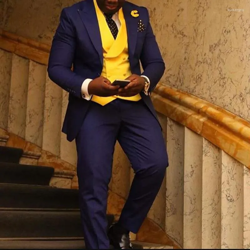 African Slim Fit Yellow Double Breasted Navy Blue Waistcoat Suit