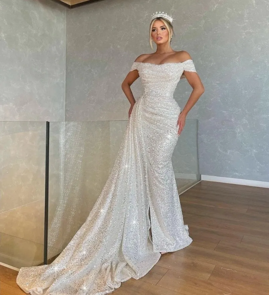 white glitter formal dress Sparkle White Sequin Long sleeves Pleated Long Prom Dress main image 0