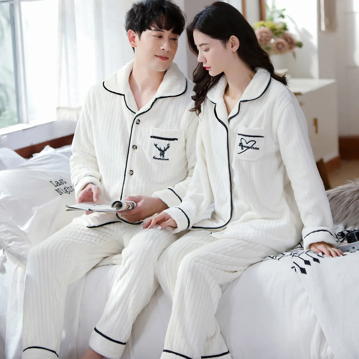 Men's Sleepwear Autumn Winter Coral Velvet Couple Pajamas Set V-Neck Plus Size Home Service Suit Casual Women Flannel White Sleepwear Nightwear 230317