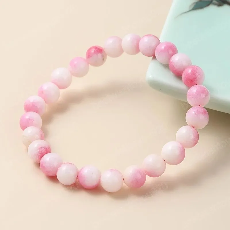 Dyed Color Peach Chalcedony Beaded Bracelets Women Beautiful Round Stone Rope Elastic Bangles Healing Yoga Wristband Jewelry