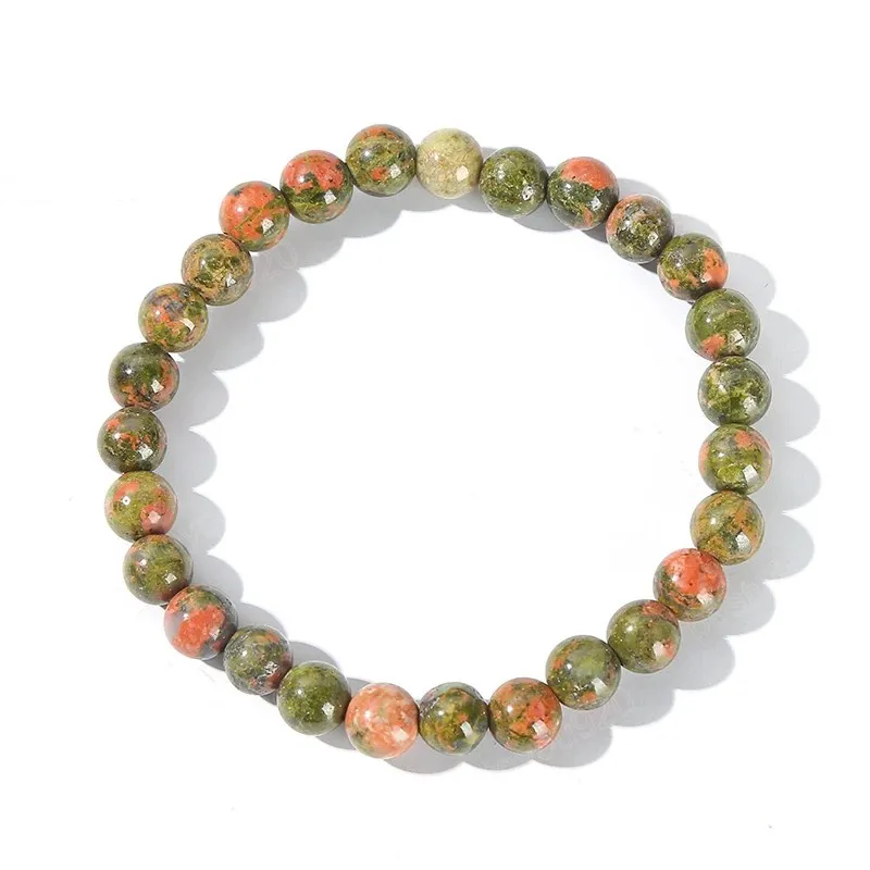 Pulseras de cuentas de unakita de piedra natural, pulsera elástica de energía redonda de estilo étnico a la moda para hombres y mujeres, joyería de pulsera Simple