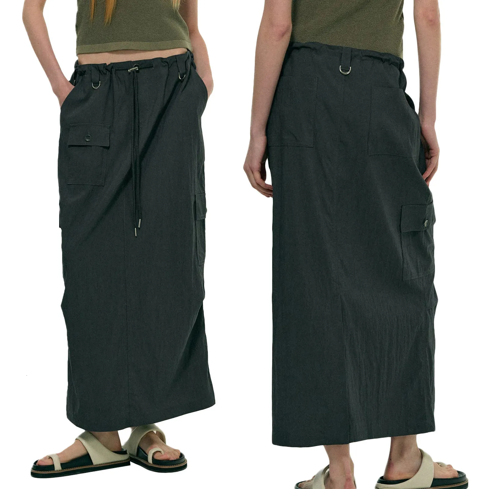 Jupes Y2K Harajuku femmes longue Cargo couleur unie taille cordon Multi poche droite Streetwear ample 230316