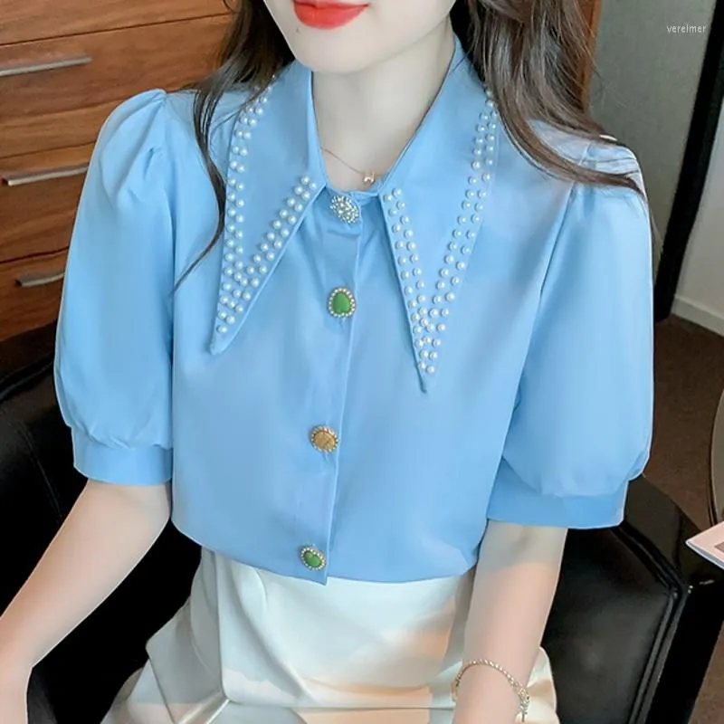 Kvinnor BLOUSES 2023 Summer Fashion Ladies Temperament Beaded Women Shirts Puff Sleeve Single Breasted Tops