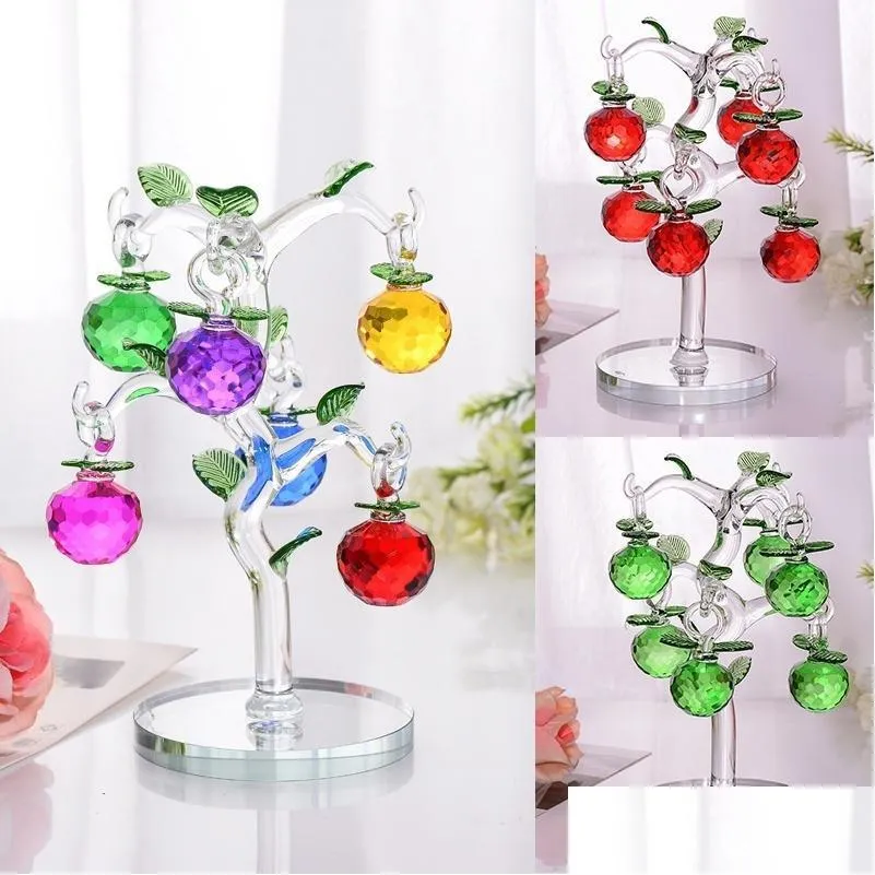 Objets Décoratifs Figurines Verre Cristal Pommier Avec 6 Pcs Pommes Fengshui Artisanat Décor À La Maison Année De Noël Cadeaux Souvenirs O Dhl9F