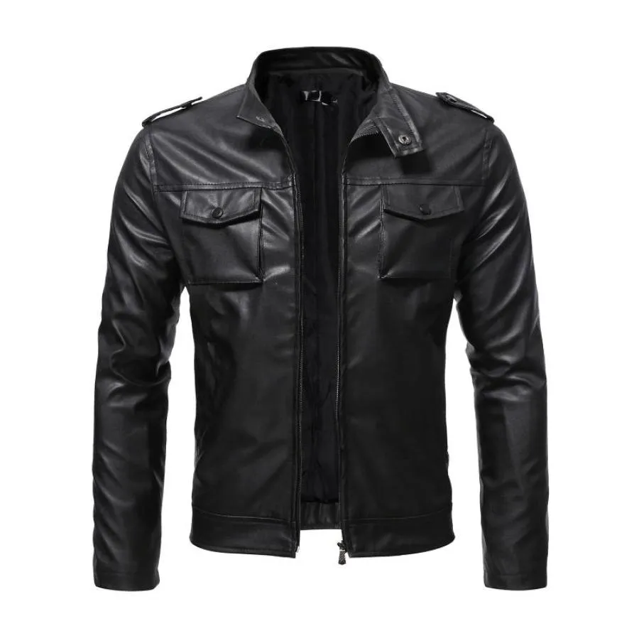 Men039s Jackets Men Faux Leather Jacket Fashion Slim Fit Stand Collar Zipper Pocket Short Coat Pu Lapel Coats8617937