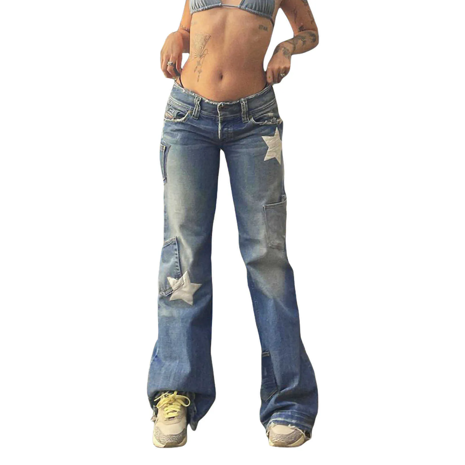 Kvinnors jeans kvinnors retro lågt rise jeans stjärna mönster långa raka benbyxor med fickor fjäder aand höst blå bootcut byxor s/m/l l230316