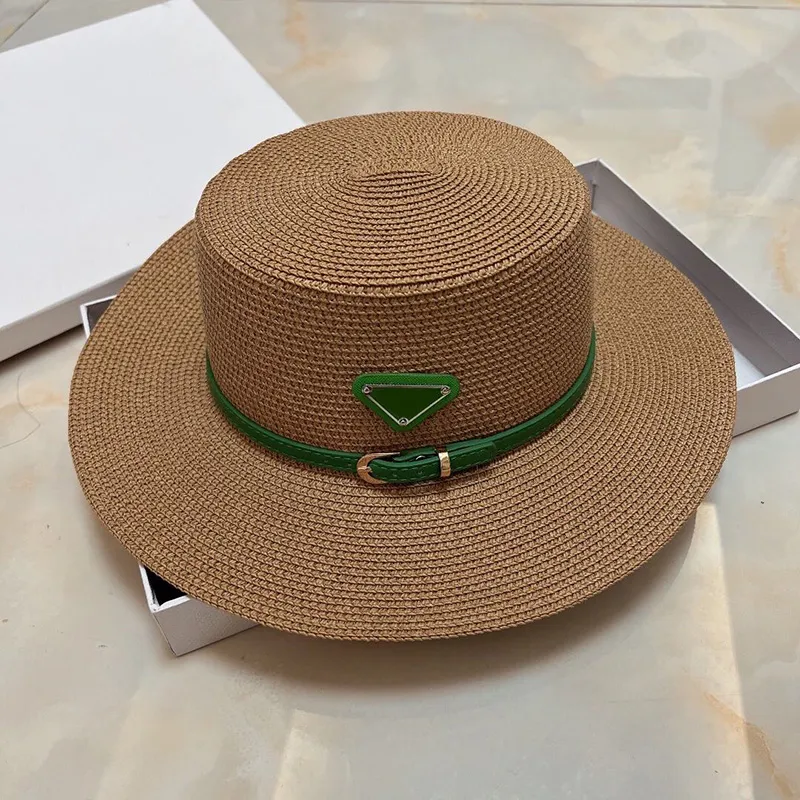 Cappelli a secchiello in paglia a tesa larga Cappelli Fedora per uomo Donna Designer Protezione solare Primavera Estate Autunno Spiaggia Vacanza Fuga Copricapo piatto con fascia verde Cachi