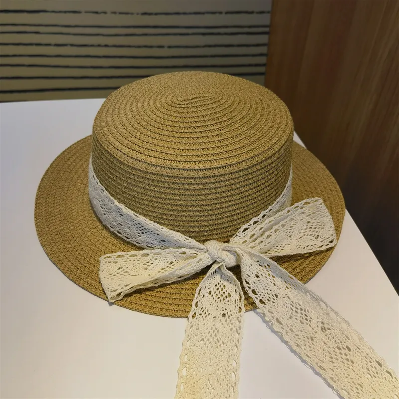 Sombrero De Playa Para Adultos Y Niños Gorra De Paja Con Lazo Plano Moda  Verano