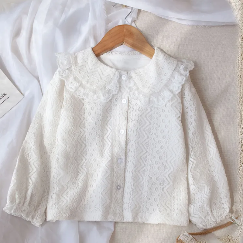 Kinderoverhemden Witte Lace Girls Blouese Spring herfst Katoen met lange mouwen voor kinderen schattige babymeisjes blouse shirt tops 2 3 4 5 6 7 8 jaar 230317