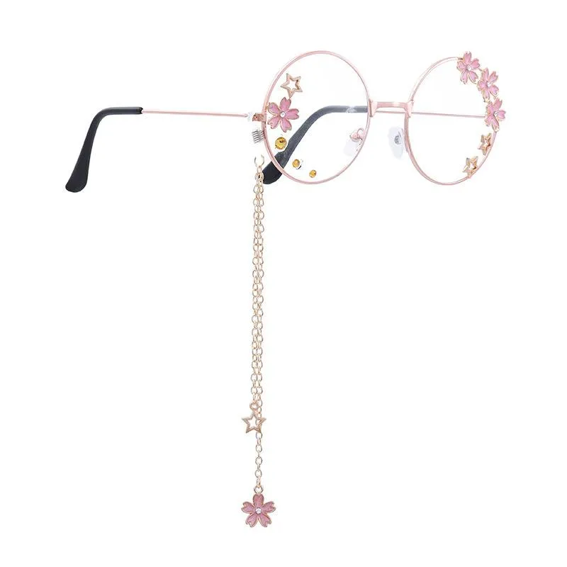 Óculos de sol Mulheres óculos enquadramentos sakura pingente de metal redonda lente transparente lentes Óculos decorativos decorativos