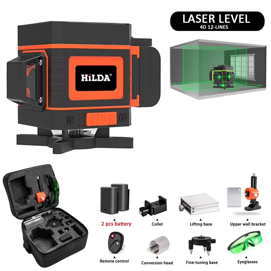 Niveau Laser à 2 piles 12 lignes 3D auto-nivelant 360 croix horizontale et verticale ligne de faisceau Laser vert Super puissant