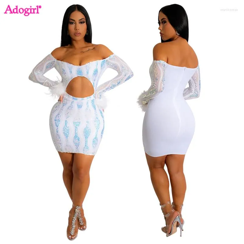 Casual Dresses Adogirl Feathers paljetter Mini Party Dress Women Sexy Off Axla Long Sleeve Hollow Out BodyCon Clubwear Vestidos