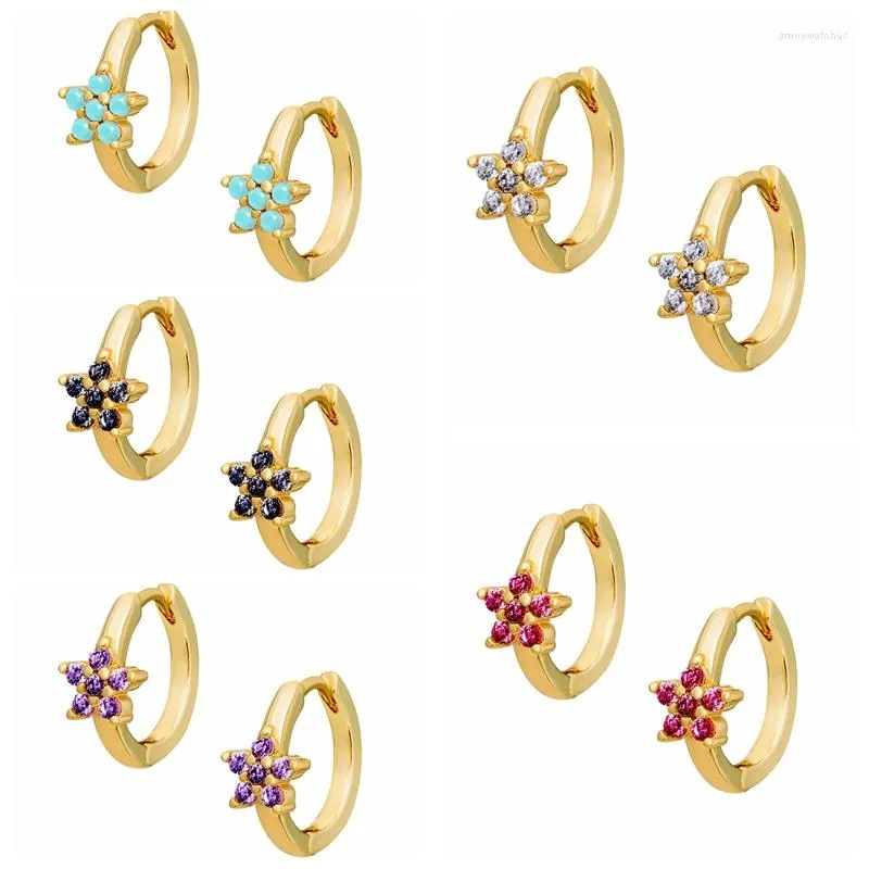 Hoop Earrings 925 Silver Ear Buckle CZ Flower Huggies For Women White Purple Crystal Classic Charming Thin Small Gift