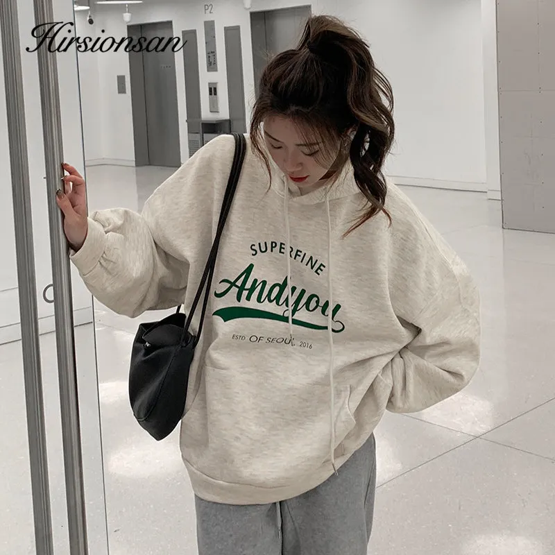 Sweats à capuche pour femmes Sweatshirts Hirsionsan Chic Vintage Polaire Sweats À Capuche Femmes Lettre Imprimer Poche Douce Sweat Coréen Chaud Pull Lâche Surdimensionné 230316