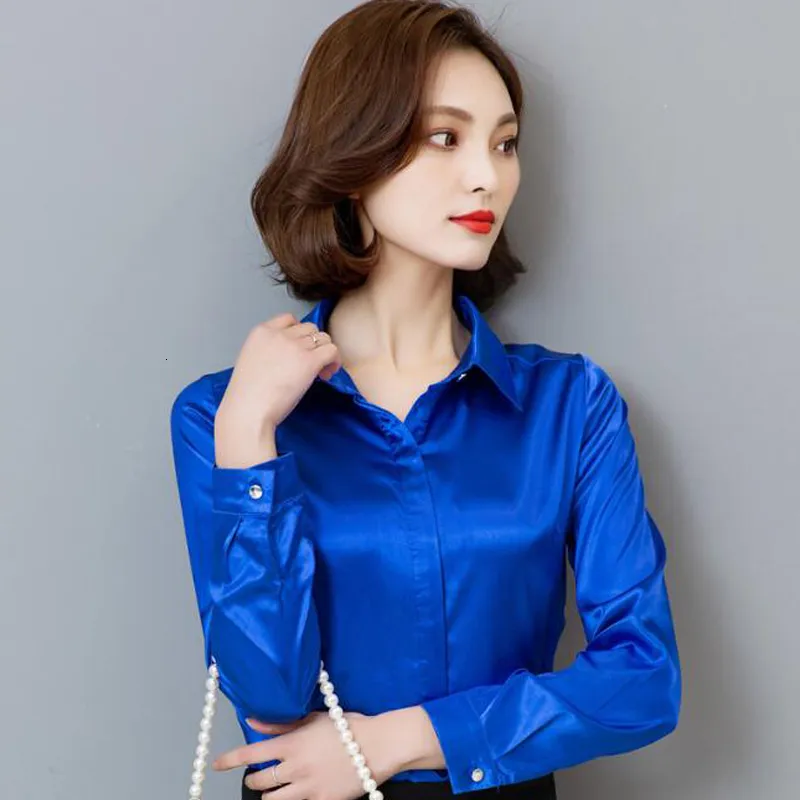 Женские блузкие рубашки павлин синяя атласная рубашка Женские шелковые блузы с длинным рукавом.