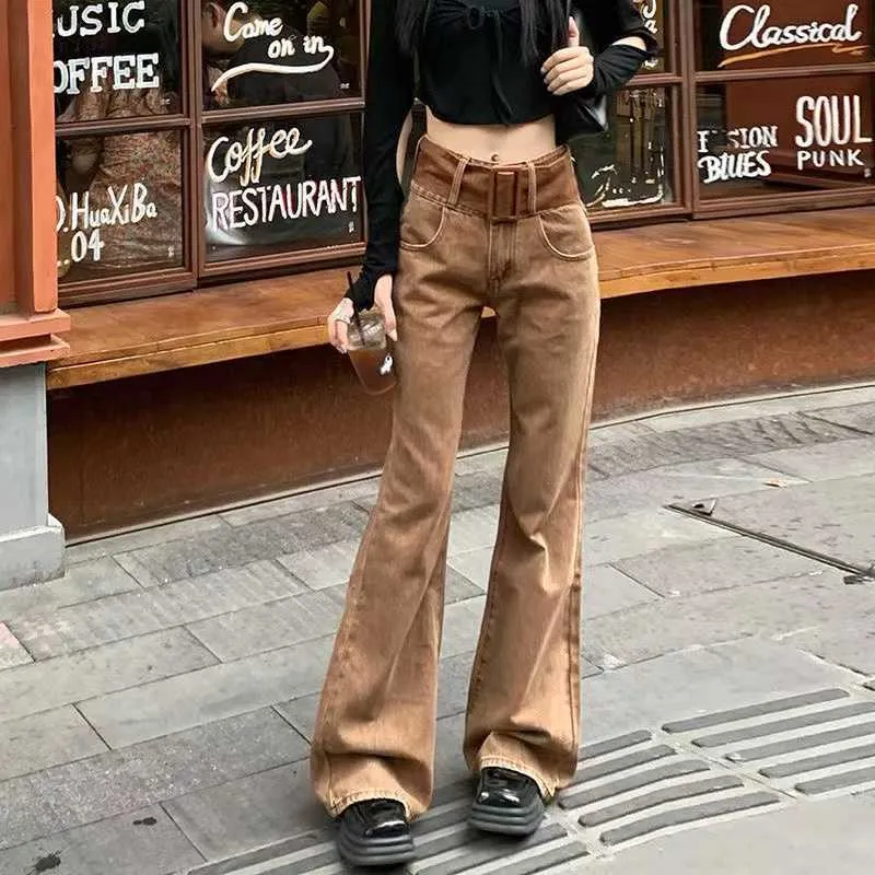 Womens Jeans Hip Hop High Waist Women Brown Vintage Denim Female Long Flared Belt Streetwear Bell Bottom Woman L230316