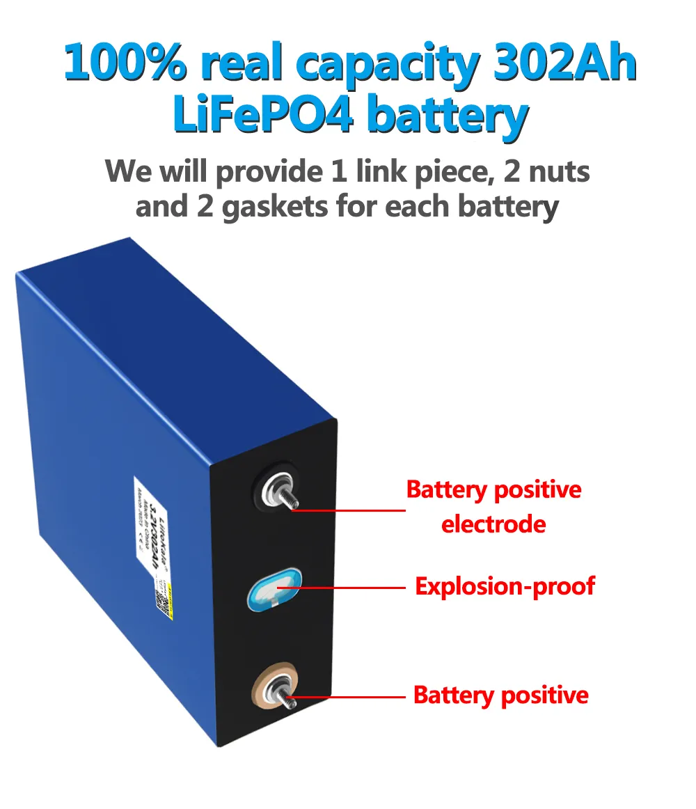 Liitokala 3.2V 302AH Lifepo4 Pil 12V 310AH DIY Güneş Paneli Güç Bankası 24V 48V Kamp Şarj Edilebilir Yedek Pil Bara ile