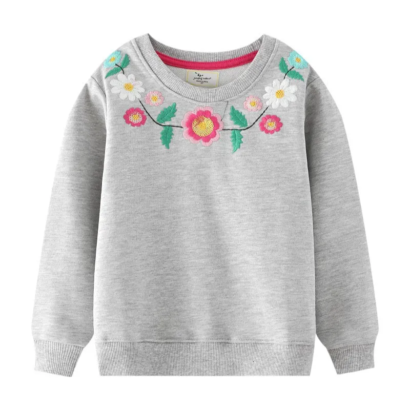 Hoodies Sweatshirts Jumping Meters Autumn Spring Floral Embroidery Beading Girls Sweatshirts Long Sleeve Hooded Kids Clothes Selling Toddler Top 230317