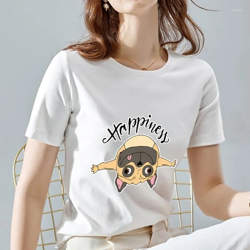 T-shirts pour femmes T-shirt Femme Casual Mignon Chiot Heureux Motif Impression Auto-culture All-match Banlieusard O-cou Confortable Doux Blanc