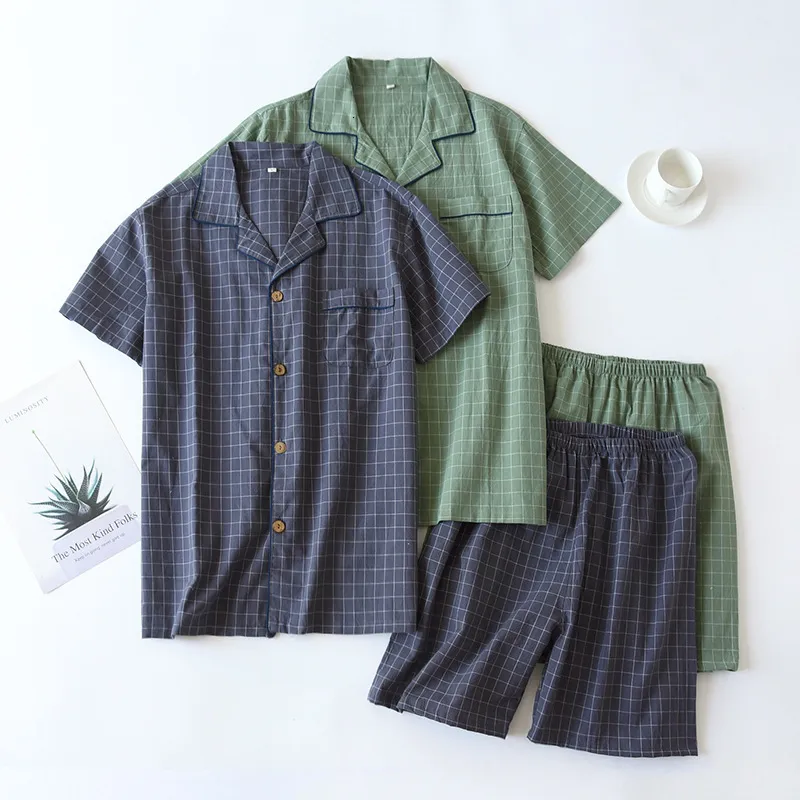 Ropa De Dormir Para Hombres Pijamas Para Hombres Verano Pantalones Cortos Finos De Manga Corta Algodon Lavado Simple Japones Plaid Servicio A Domicilio Traje Pantalon Pijama Hombre 230317 De 14 86 DHg...