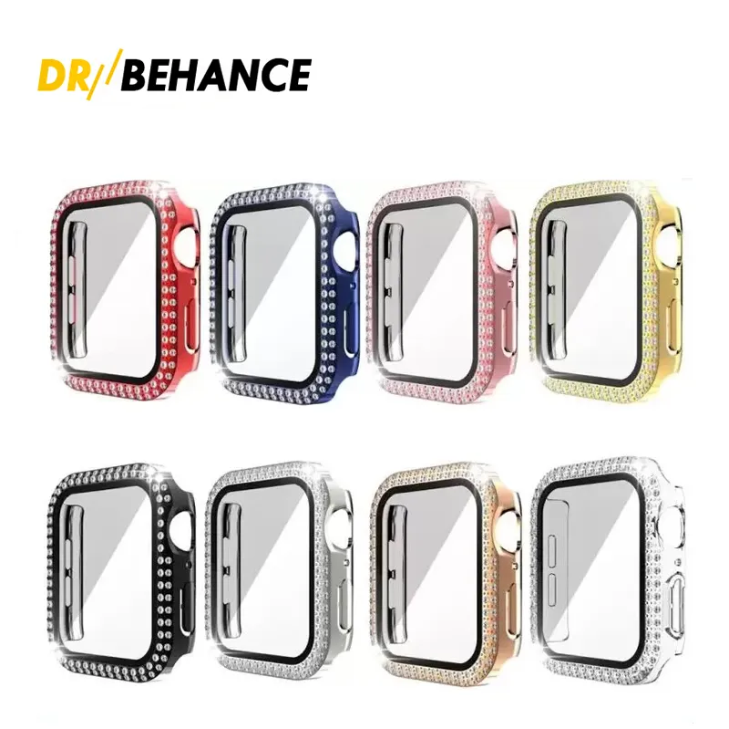 Diamond dubbele rijscherm Beschermingskastje Volledig deksel gehard glazen bling beschermende pc -bumper voor Apple Watch 7 6 5 3 2 41mm 45 mm 44 mm 42 mm 40 mm 38 mm 38 mm