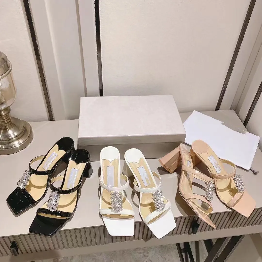 Neueste Damen-Hausschuhe, Diamant-Schnalle, Strand, lässige Mode, Blockabsatz, Designer-Sandalen, Party, Arbeit, Luxus-Sandale mit dickem Absatz, hochwertige Damenschuhe mit Box