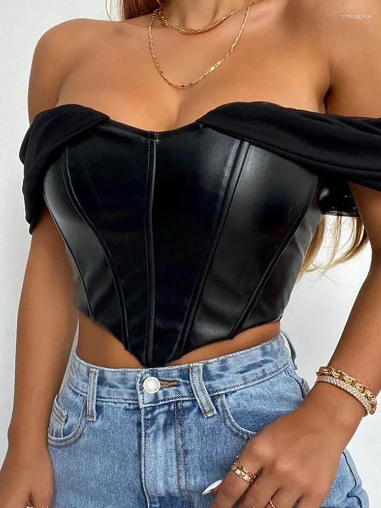 Camisetas Sin Mangas De Cuero PU Para Mujer Corse Sexy Con Corpino Top Con Hombros Descubiertos Gasa Blanca Sin Tirantes Tops Recortados Para Mujer Ropa Para Mujer De 11 41 DHgate
