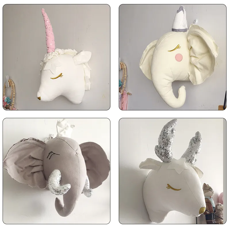 Wall Decor Kids Room Decoration 3D Animal Heads Elephant Sheep Stuffed Toys Wall Hanging For Baby Room Nursery Decor Girl Birthday Gift 230317