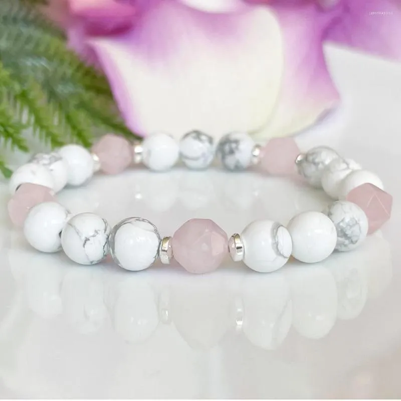 Bağlantı Bilezikleri MG1523 Doğal Howlite Rose Quartz Taş Bilezik Şifa Kristalleri Mala Stres Rahatlaması Uykusuzluk