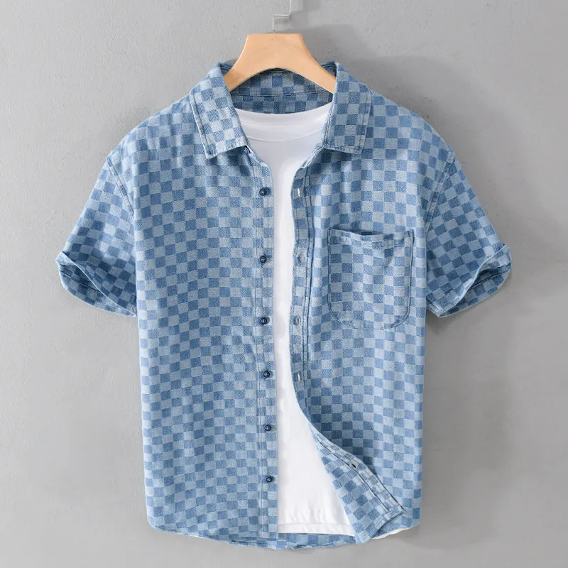 Män s t skjortor sommar denim skjorta mode kort ärm checker pläd vintage blus klassisk casual lös 100 bomullsmässiga toppar 230317