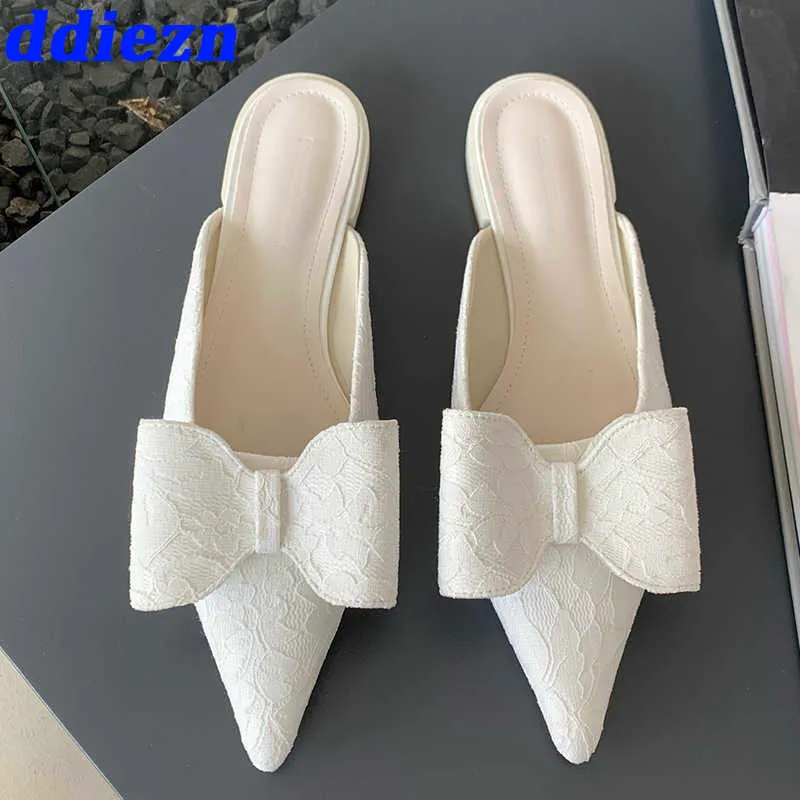 Fashion Pointed Toe Mules Women Slippers Summer Butterfly Knot Shallow Luxury Female Slippers Slides Flats Shoes for Ladies 2023 0316