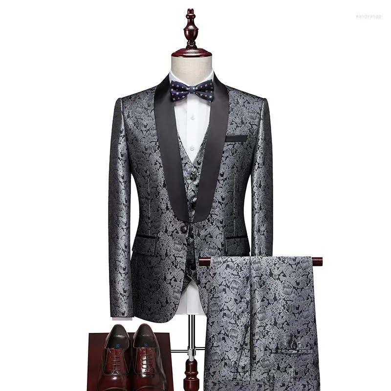 Men's Suits 2023 Light Jacquard Printed Men's Fashion Western Slim Fit Groom Wedding Tuxedo Party Suit Royal Blue