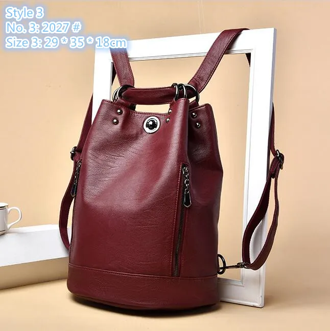 wholesale ladies shoulder bags 3 versions simple solid color leather backpack vertical large capacity wear-resistant retro handbag double zipper bucket bag