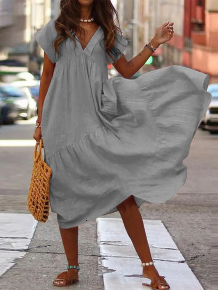 Casual Dresses Bohemian Summer Womens sundress Zanzea Fashion V Neck Midi Vestidos Female Solid Ruffle Dresses Asymmetrical Robe 230316