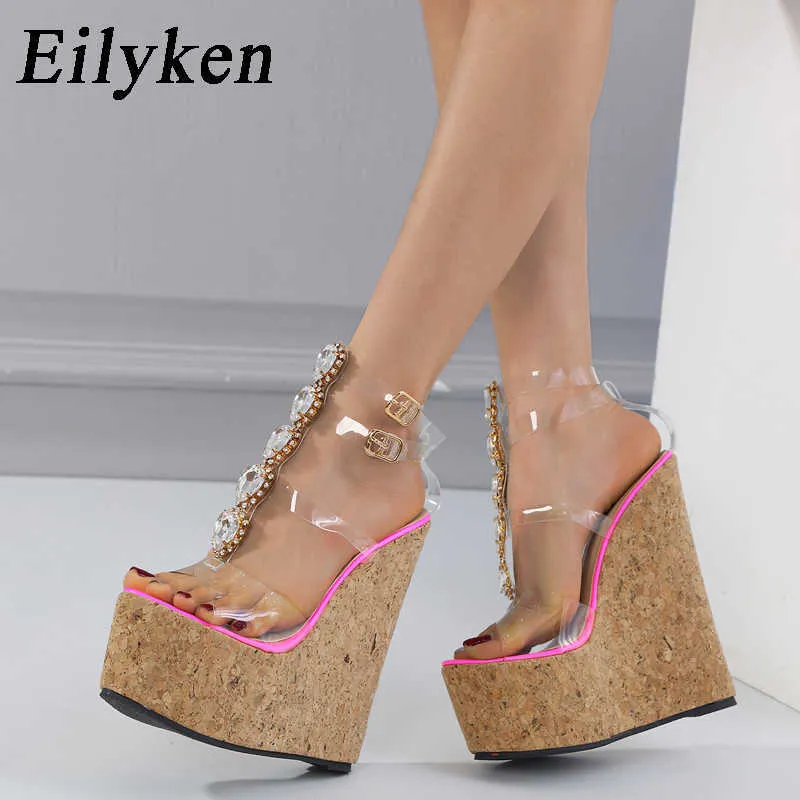 Top Brand Platform Wedges High Heels Woman Sandals Summer Crystal Transparent Buckle Strap Bankettklänningskor Storlek 42 230306