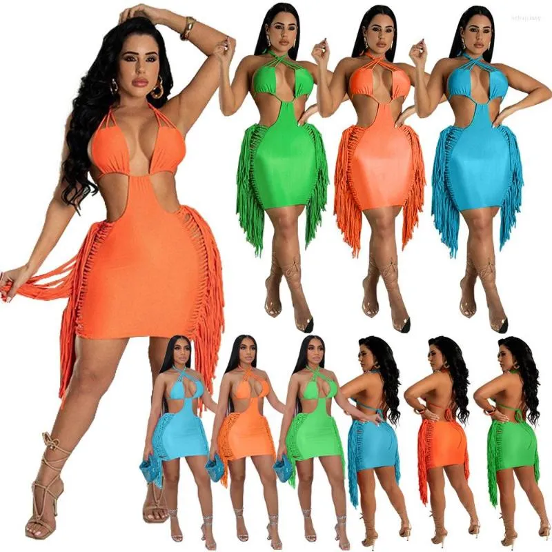 Vestidos casuais 2023 tendência de moda de primavera elegante tassel mini vestido mulheres cortadas halter backless y2k bodycon party club de roupas