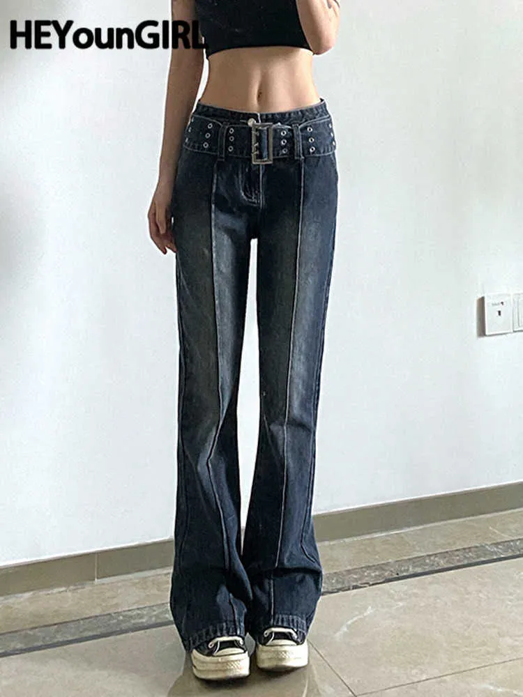 Damesjeans Heyoungirl Casual Vintage Black Jeans Dames 2000s Esthetic Skinny Flared Pants Capri met riem Fashion Koreaanse broek L230316