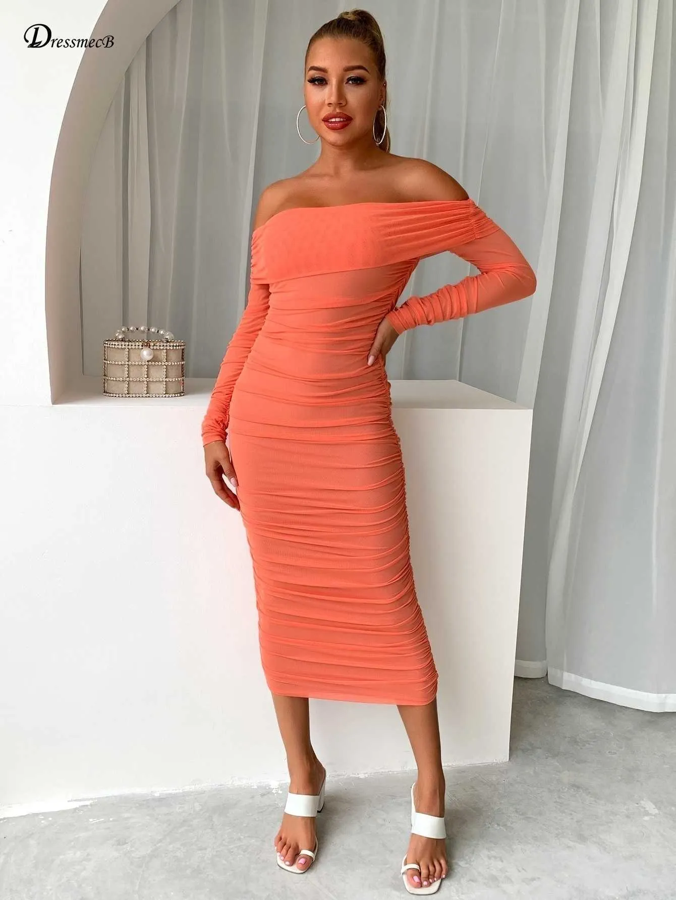 Joyfunear Off Shoulder Ruched Mesh Bodycon Dress