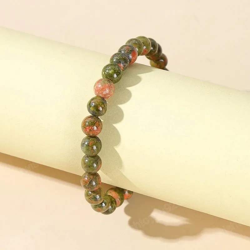 Braccialetti con perline Unakite in pietra naturale Donna Uomo Moda stile etnico Bracciale elastico tondo Energia Semplice gioielli da polso